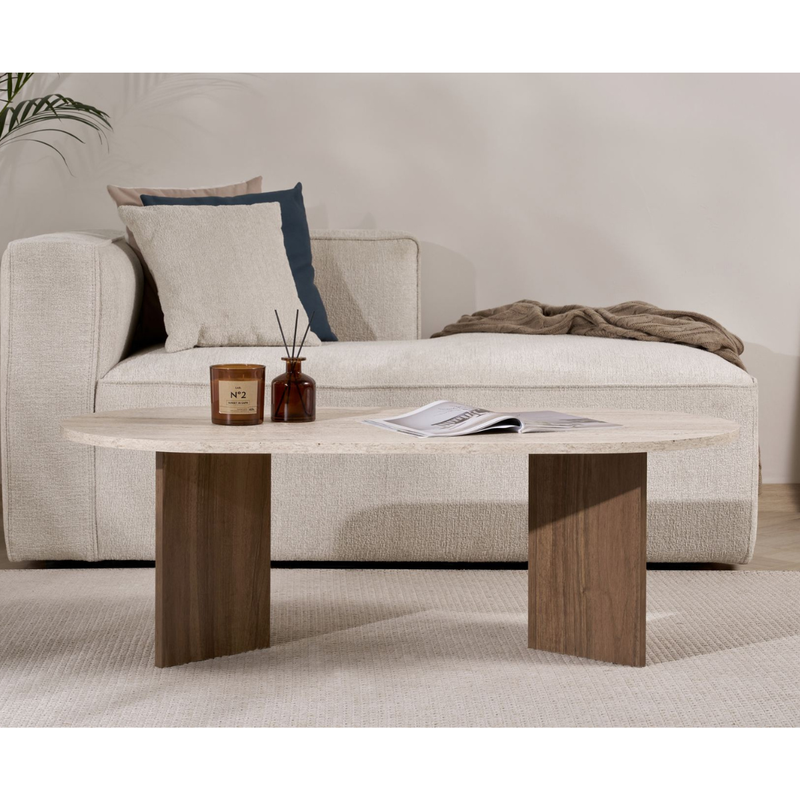 Iris - Table Basse Ovale - Travertin/ Noyer