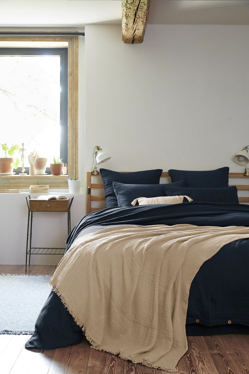 Fringed Throw Blanket - Double Plain Cotton Gauze - Gaia - String