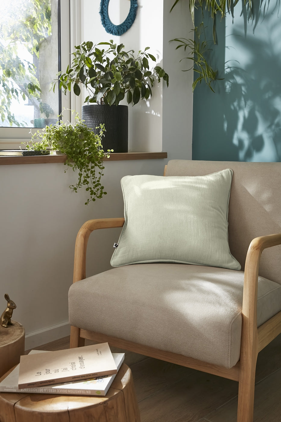 Gaïa - Coussin Déhoussable Avec Passepoil - Double Gaze De Coton Unie - Vert D'Eau