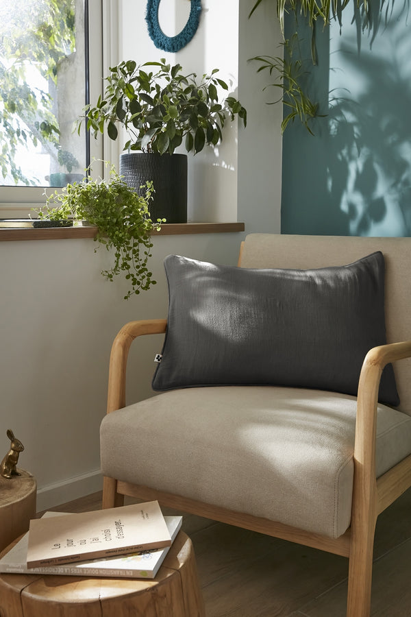 Gaïa - Coussin Déhoussable Avec Passepoil - Double Gaze De Coton Unie - Granit