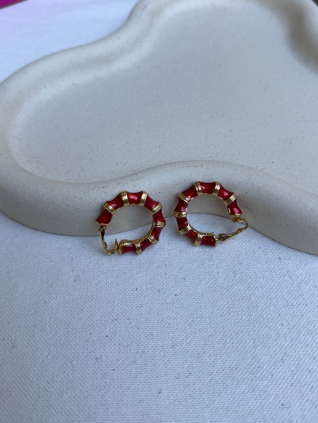 Pendientes Kenneth Jay Lane Vintage - Aros Efecto Bambú Rojo Y Dorado