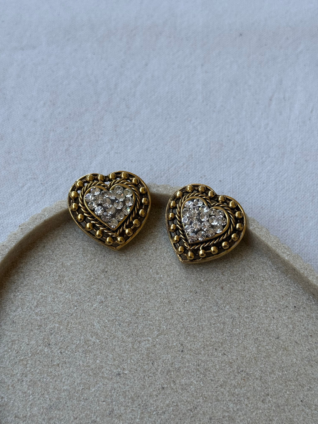 Vintage Earrings - Gold-Tone Hearts Adorned With Rhinestones