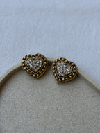 Vintage Earrings - Gold-Tone Hearts Adorned With Rhinestones