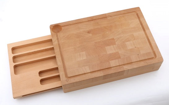 De Buyer – Cutting Board with Drawer - Beech - Brown, light wood cutting board with open storage drawer