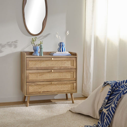 Commode 3 Tiroirs Avec Façades En Rotin Naturel - Palmo