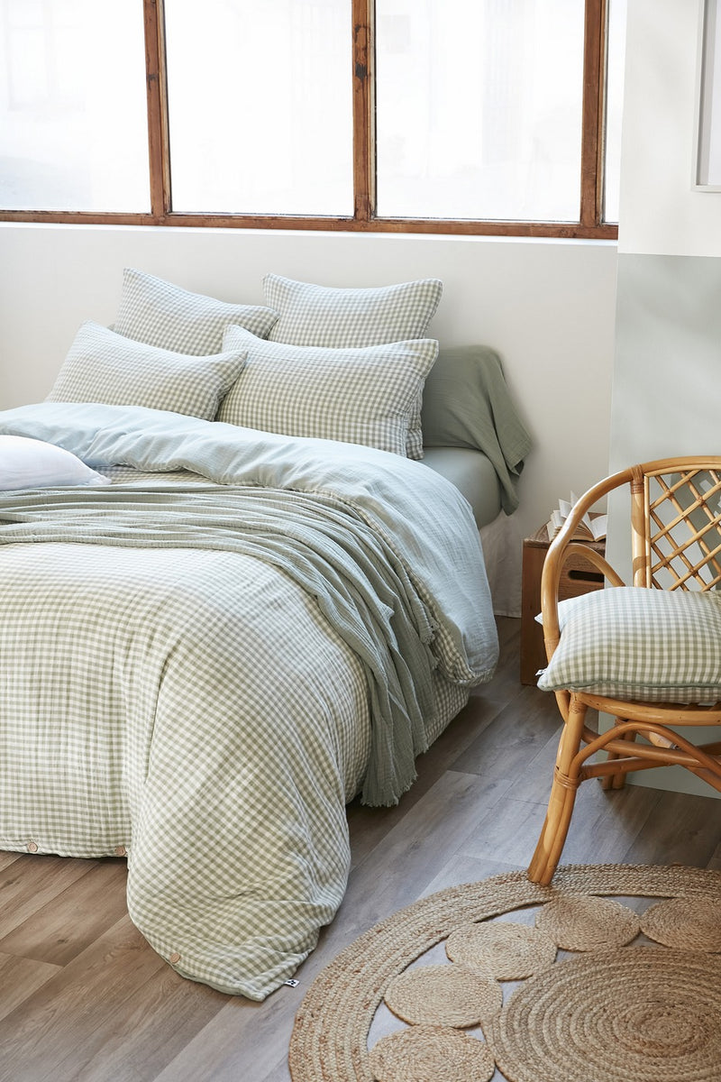 Reversible Duvet Cover - Dyed Woven Cotton Gauze - Vickie - Eucalyptus