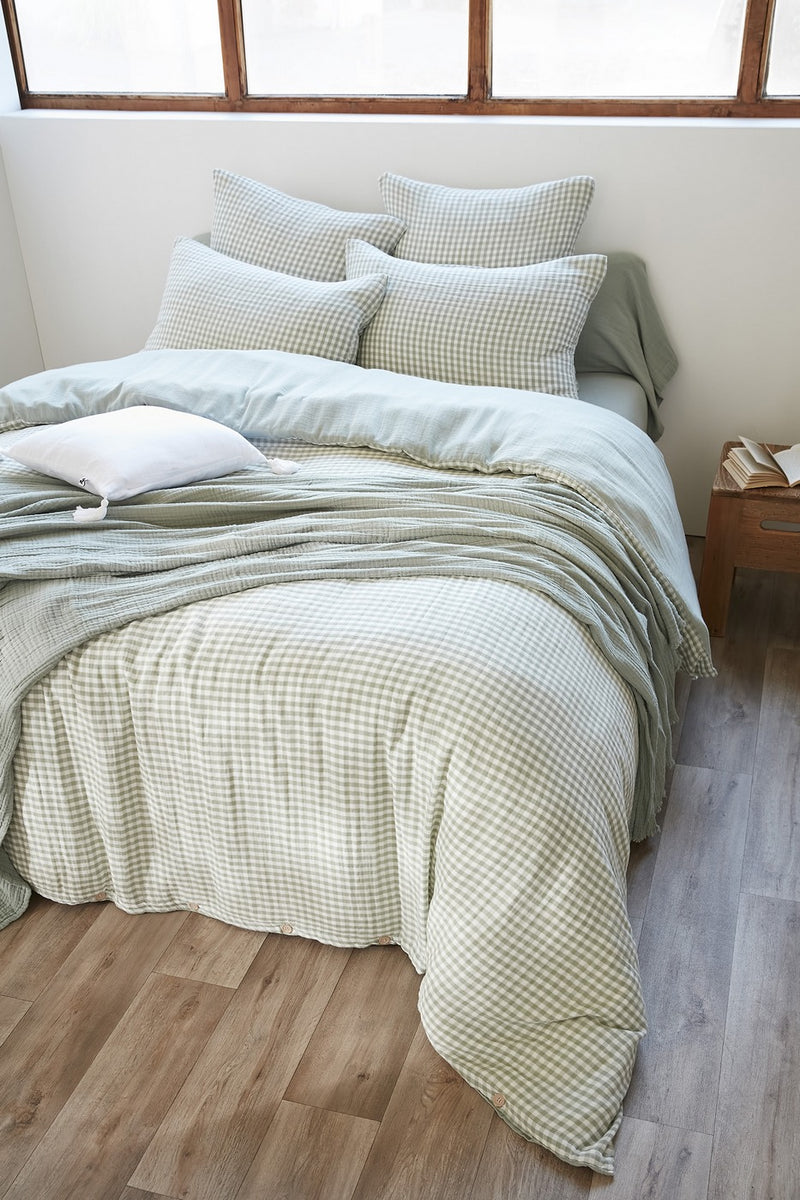 Reversible Duvet Cover - Dyed Woven Cotton Gauze - Vickie - Eucalyptus