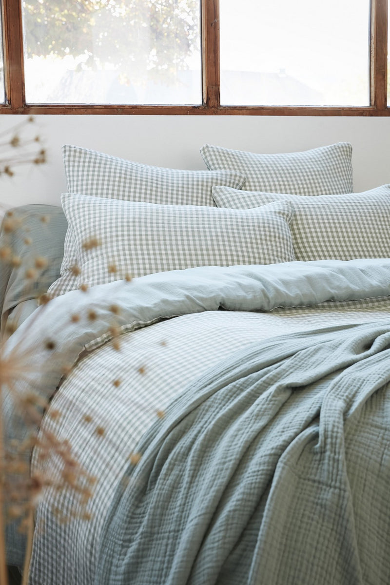 Reversible Duvet Cover - Dyed Woven Cotton Gauze - Vickie - Eucalyptus