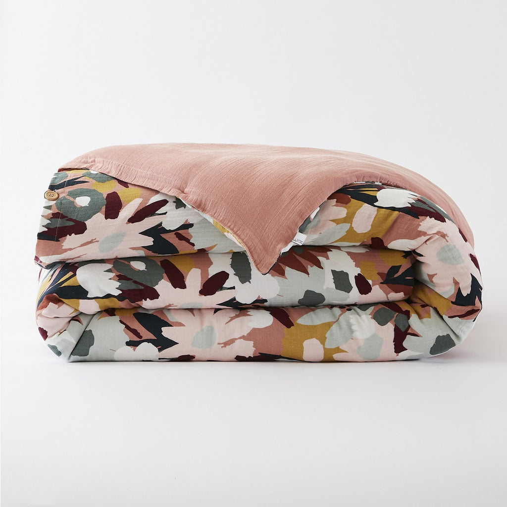 Reversible Duvet Cover - Printed Cotton Gauze - Léane - Peach Pink