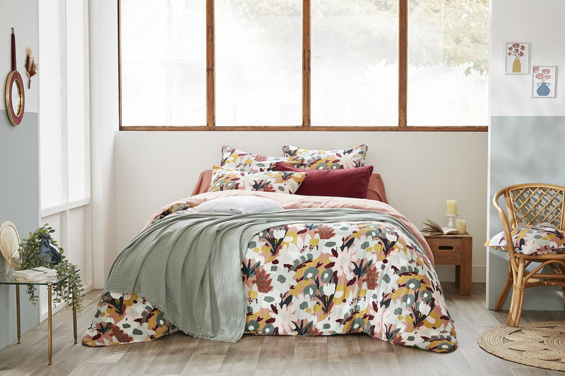 Housse De Couette Réversible - Gaze De Coton Imprimée - Léane - Rose Pêche