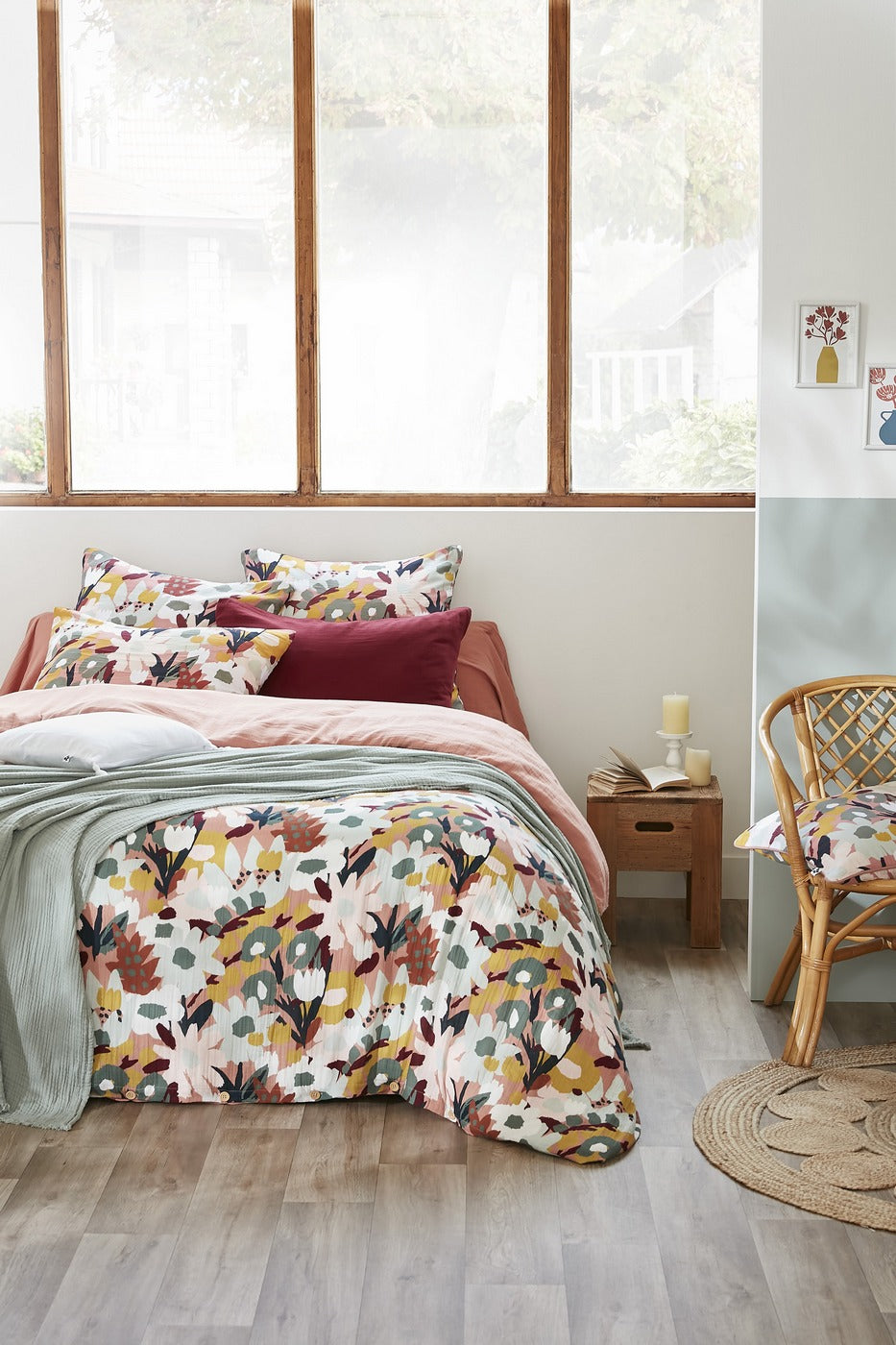 Reversible Duvet Cover - Printed Cotton Gauze - Léane - Peach Pink