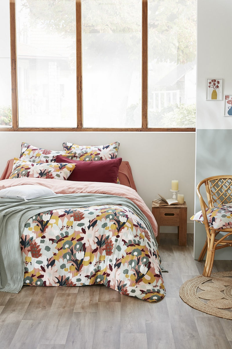 Housse De Couette Réversible - Gaze De Coton Imprimée - Léane - Rose Pêche
