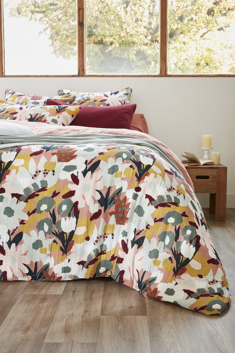 Housse De Couette Réversible - Gaze De Coton Imprimée - Léane - Rose Pêche