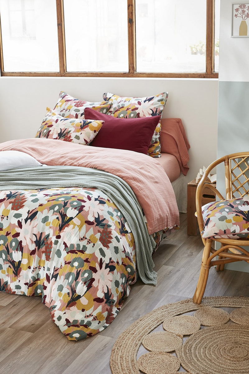 Housse De Couette Réversible - Gaze De Coton Imprimée - Léane - Rose Pêche