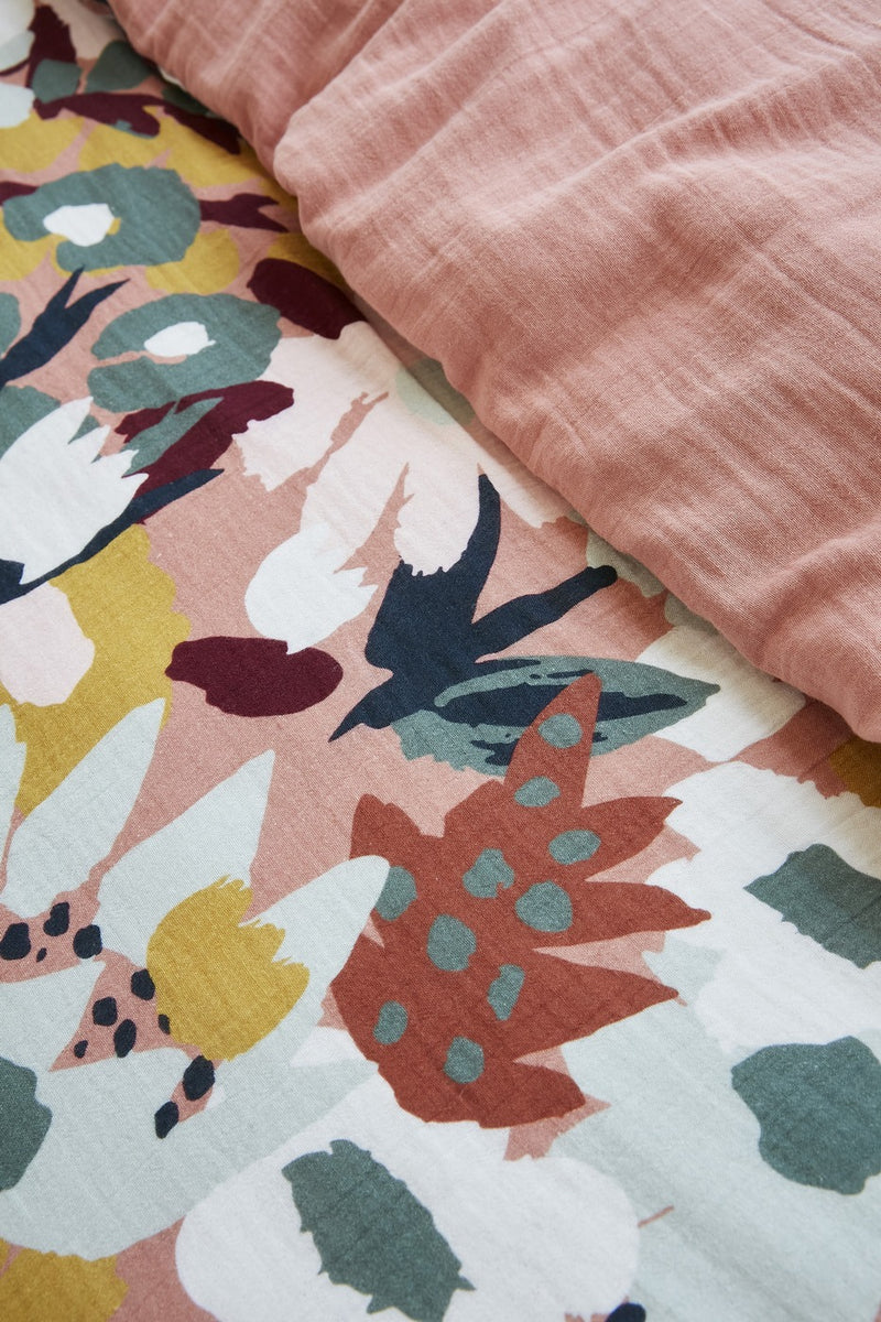 Housse De Couette Réversible - Gaze De Coton Imprimée - Léane - Rose Pêche