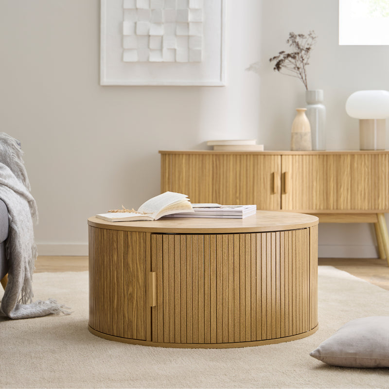 Ernest - Table Basse Ronde Avec Rangement - Bois Clair