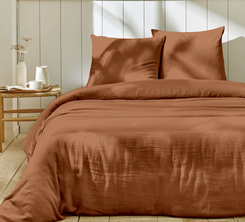 Parure de Lit Complète - 3 pièces - 100% Gaze de Coton - Terre Cuite