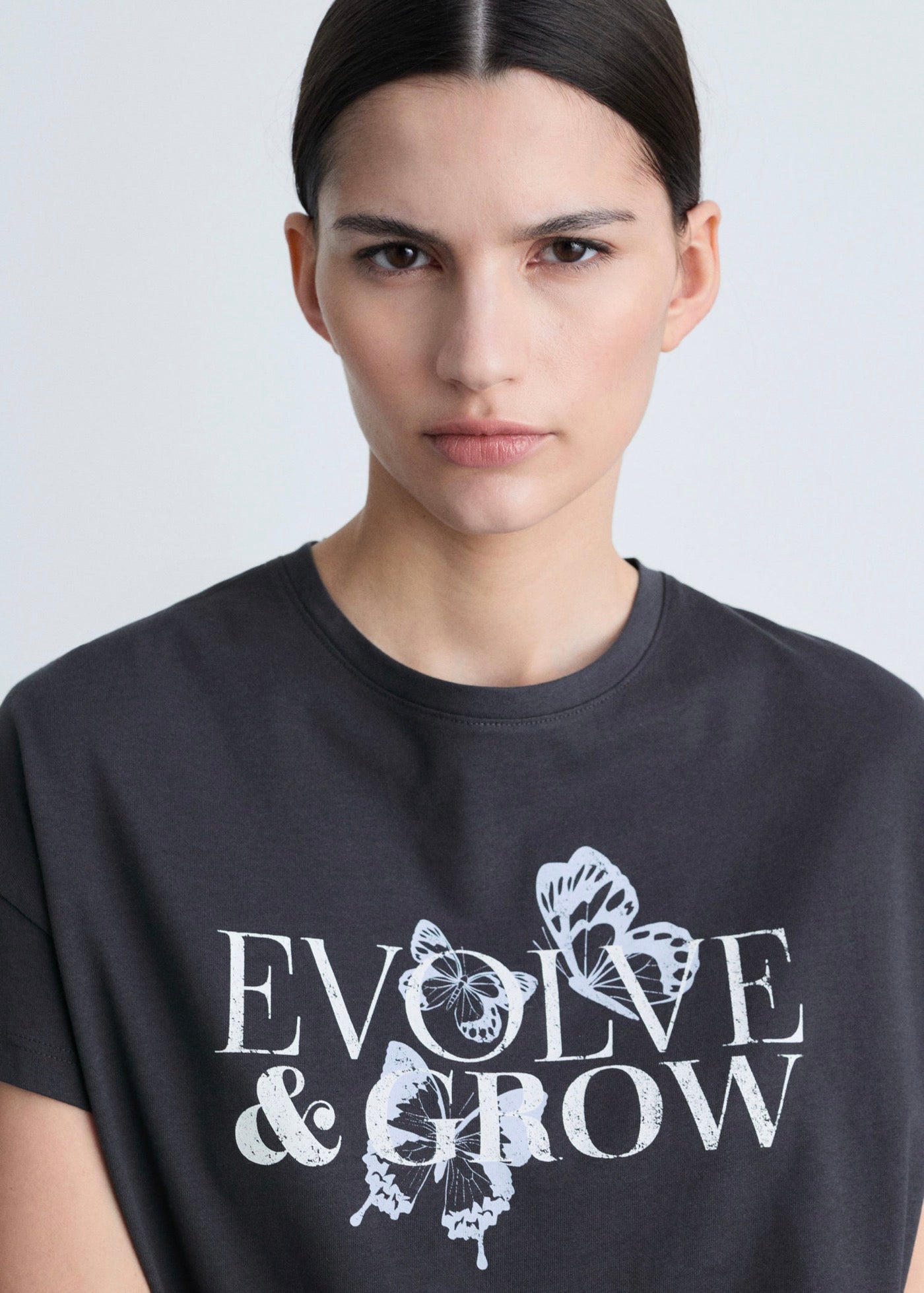 Cotton T-Shirt with Printed Message - Charcoal