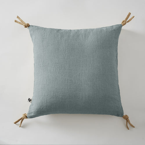 Coussin Déhoussable Avec Pompons - Lin Lavé - Soline - Azur