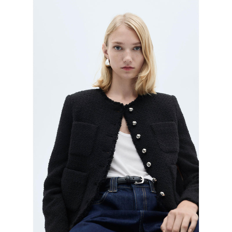 Chaqueta de tweed con botones de pedrería - Negro