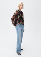 Blusa Estampada de Flores con Volantes - Black