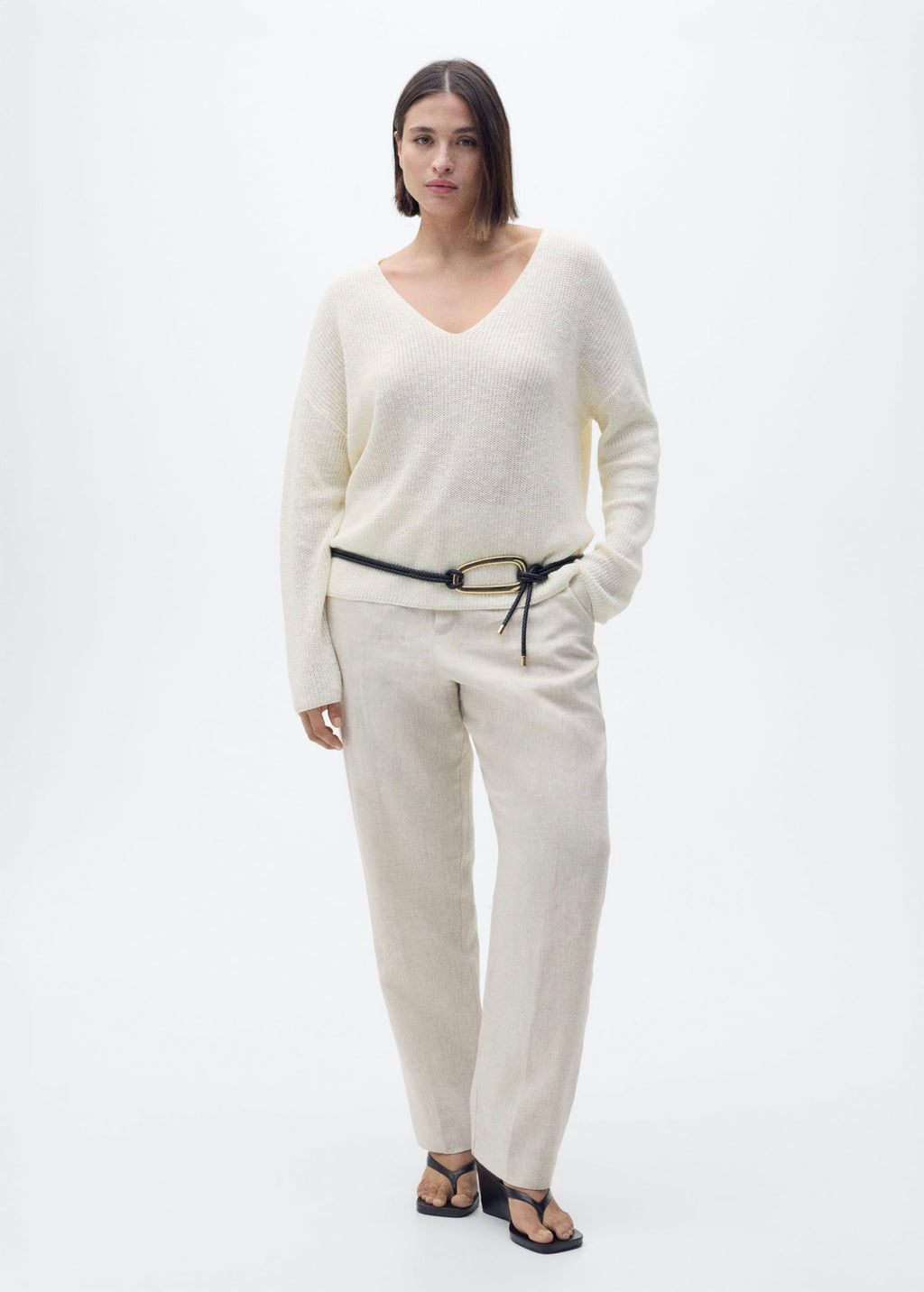 V-Neck Knit Pullover - Ecru