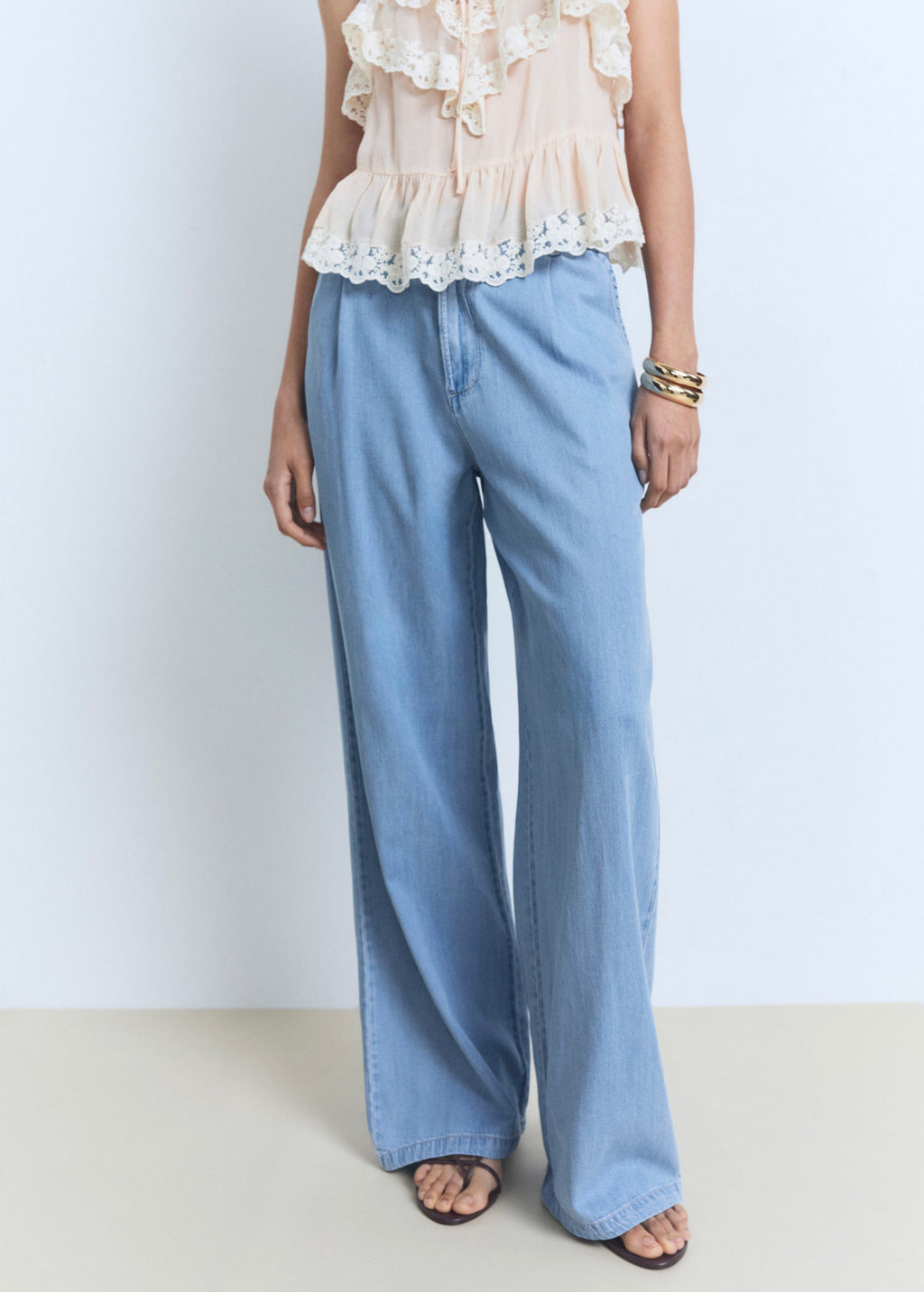 Pantalón Wideleg De Lyocell Con Pinzas - Light Blue