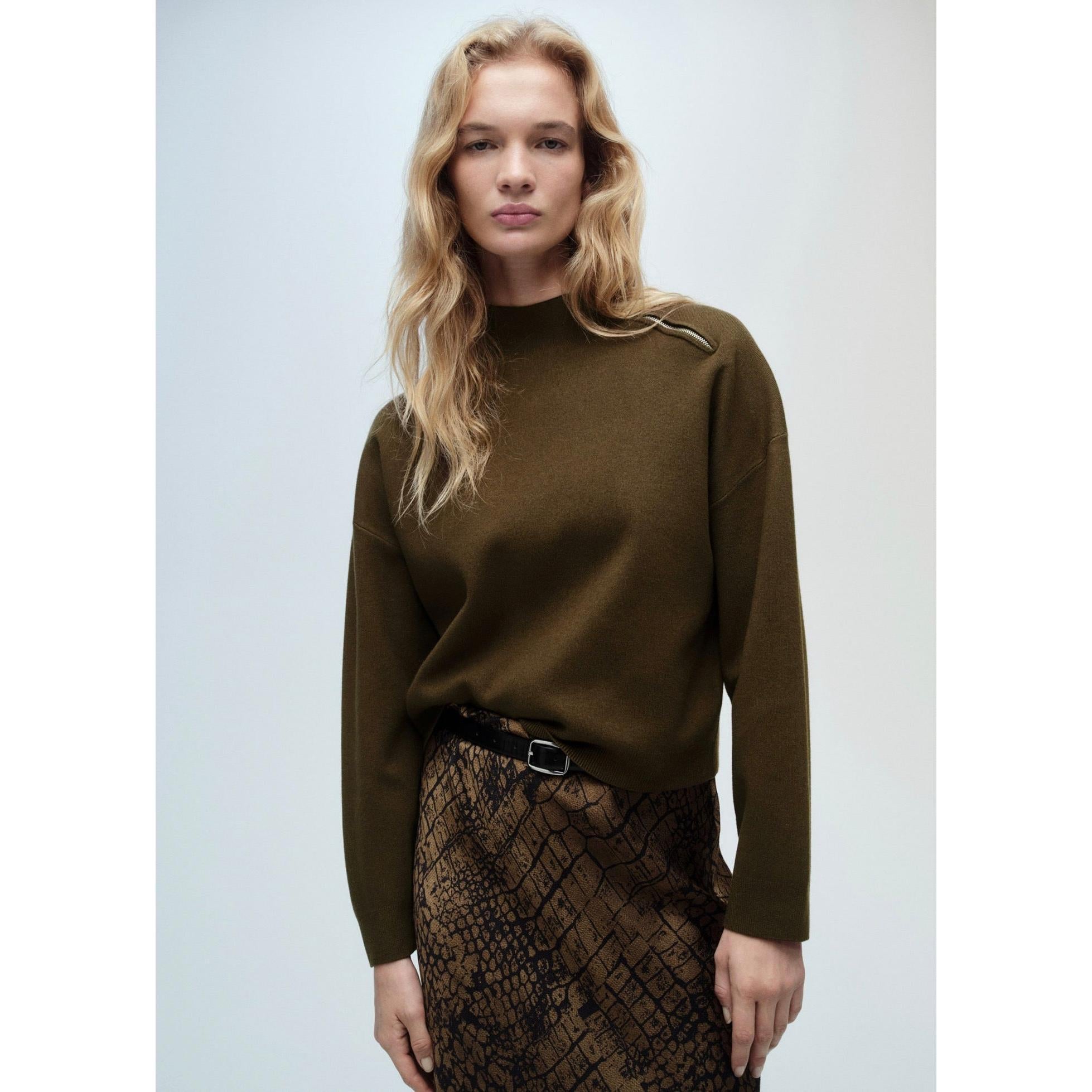 Jersey Cuello Alto con Cremallera - Caqui