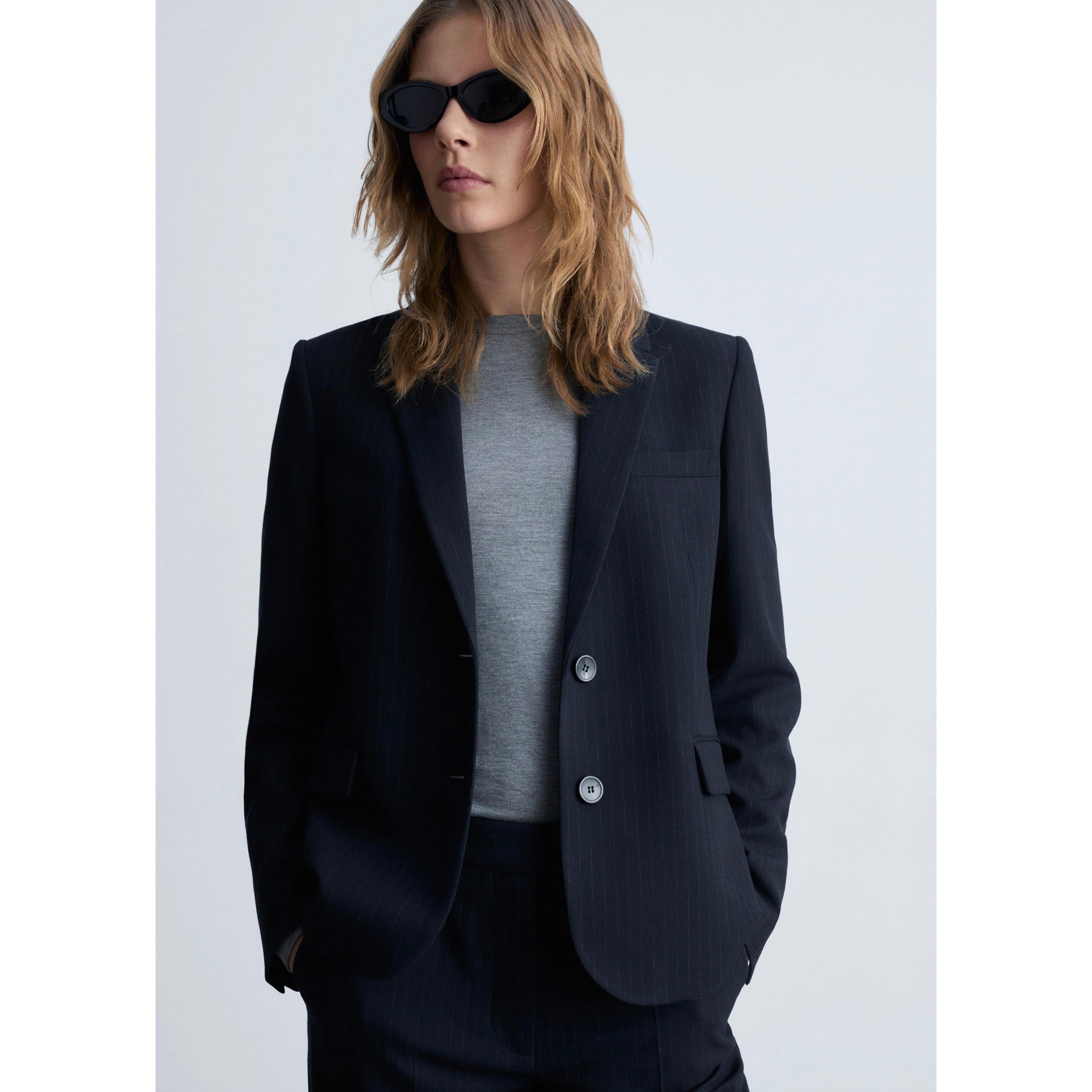 Pinstripe Suit Jacket - Dark Navy