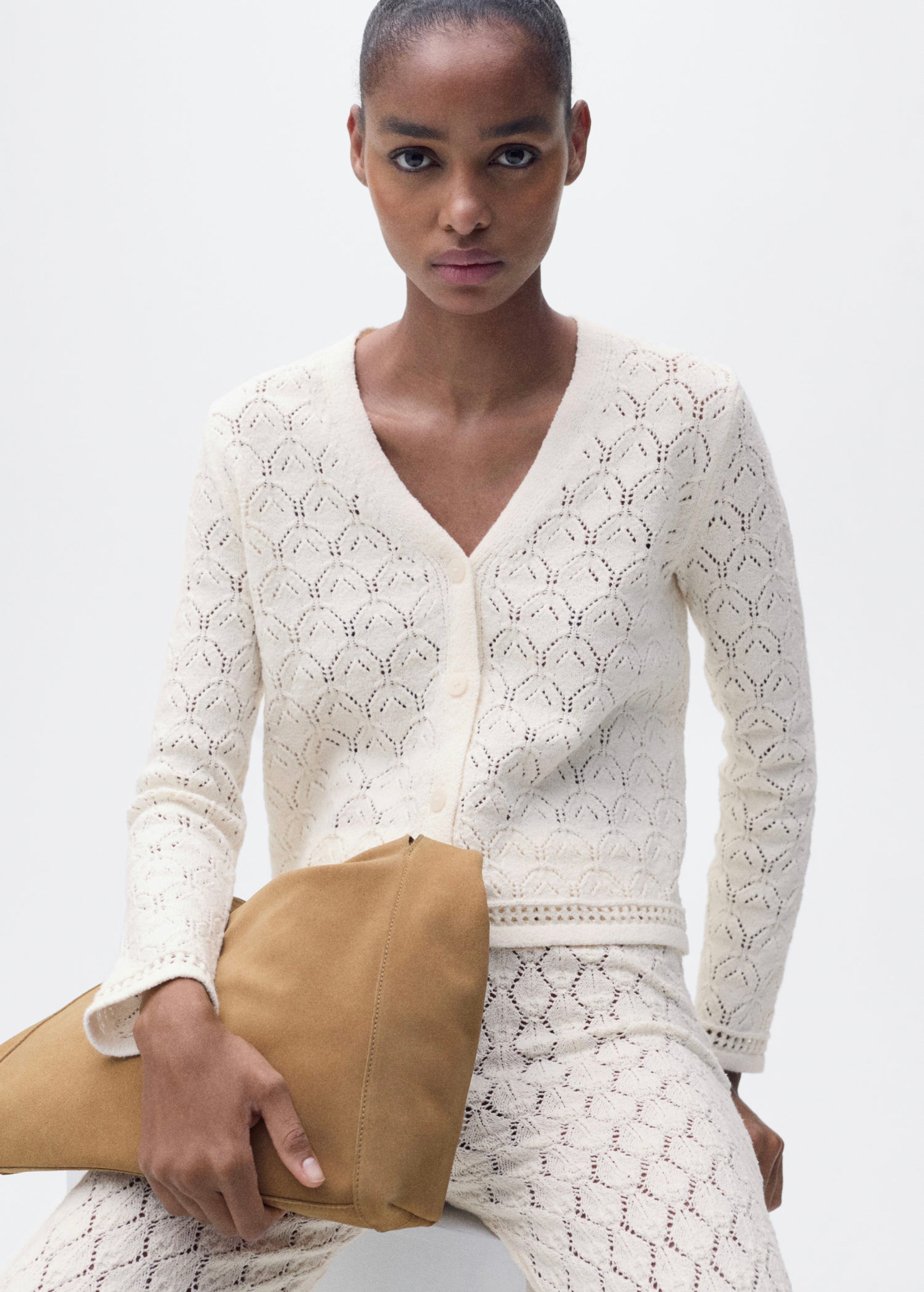 Knit Cardigan with Openwork Details - Ecru