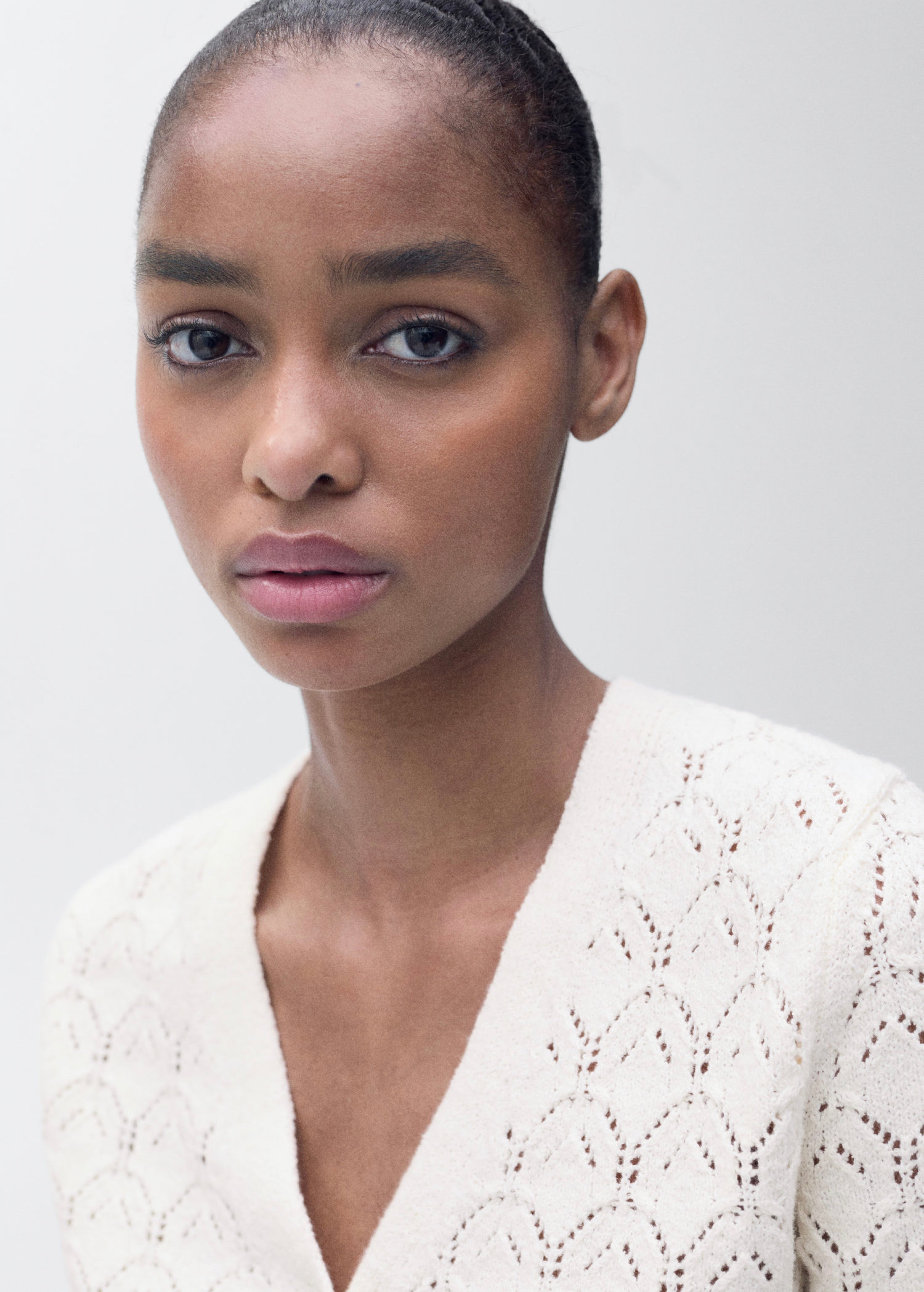 Knit Cardigan with Openwork Details - Ecru
