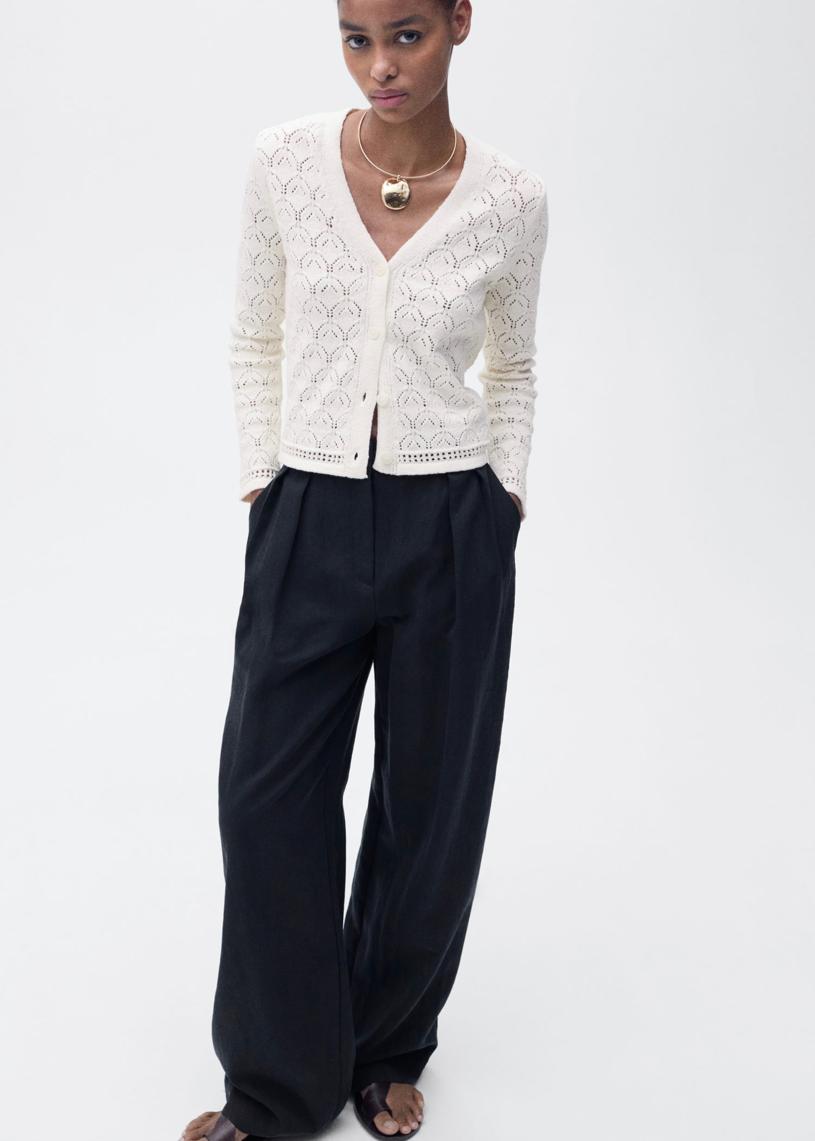 Knit Cardigan with Openwork Details - Ecru