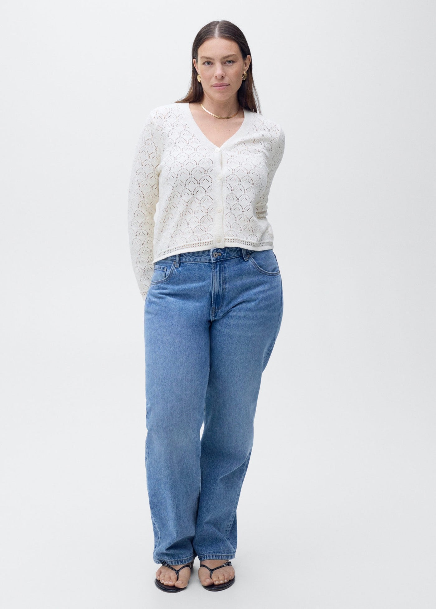 Knit Cardigan with Openwork Details - Ecru