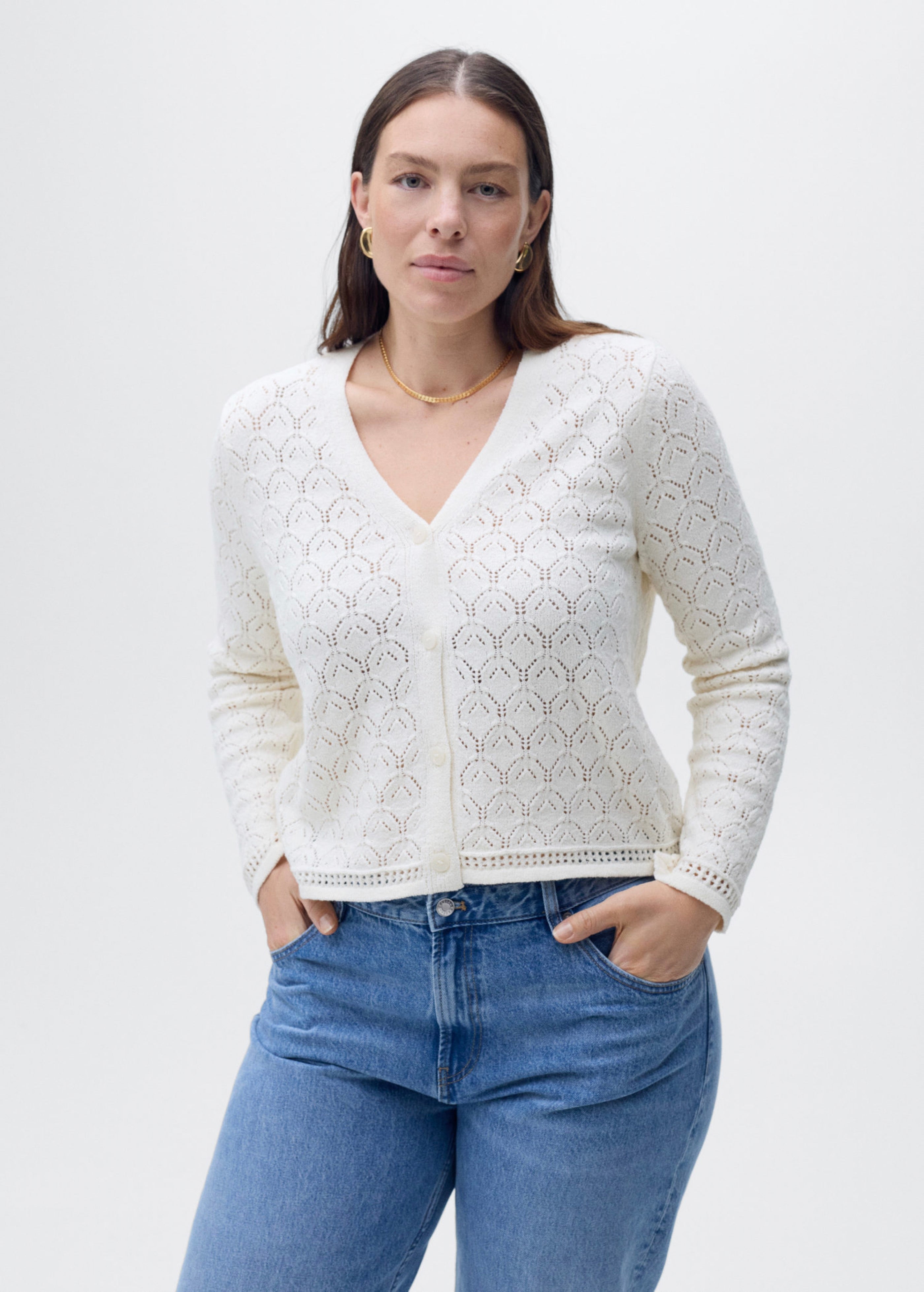 Knit Cardigan with Openwork Details - Ecru
