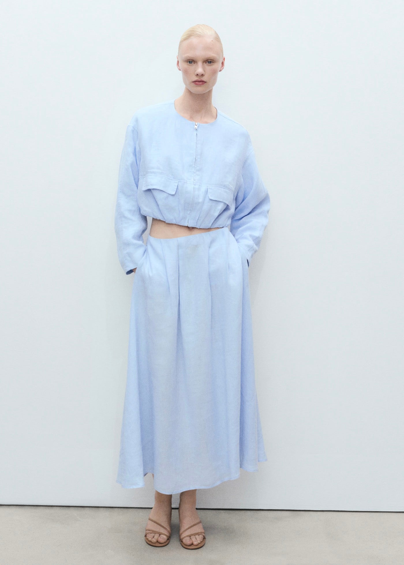 Short Linen Jacket with Pockets - Sky Blue