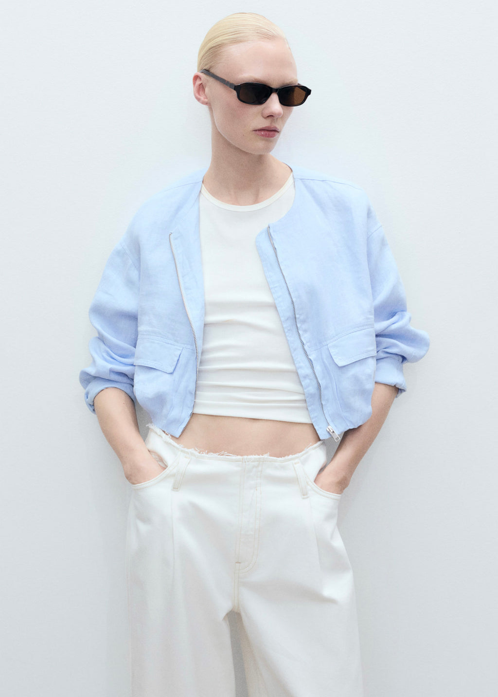 Short Linen Jacket with Pockets - Sky Blue
