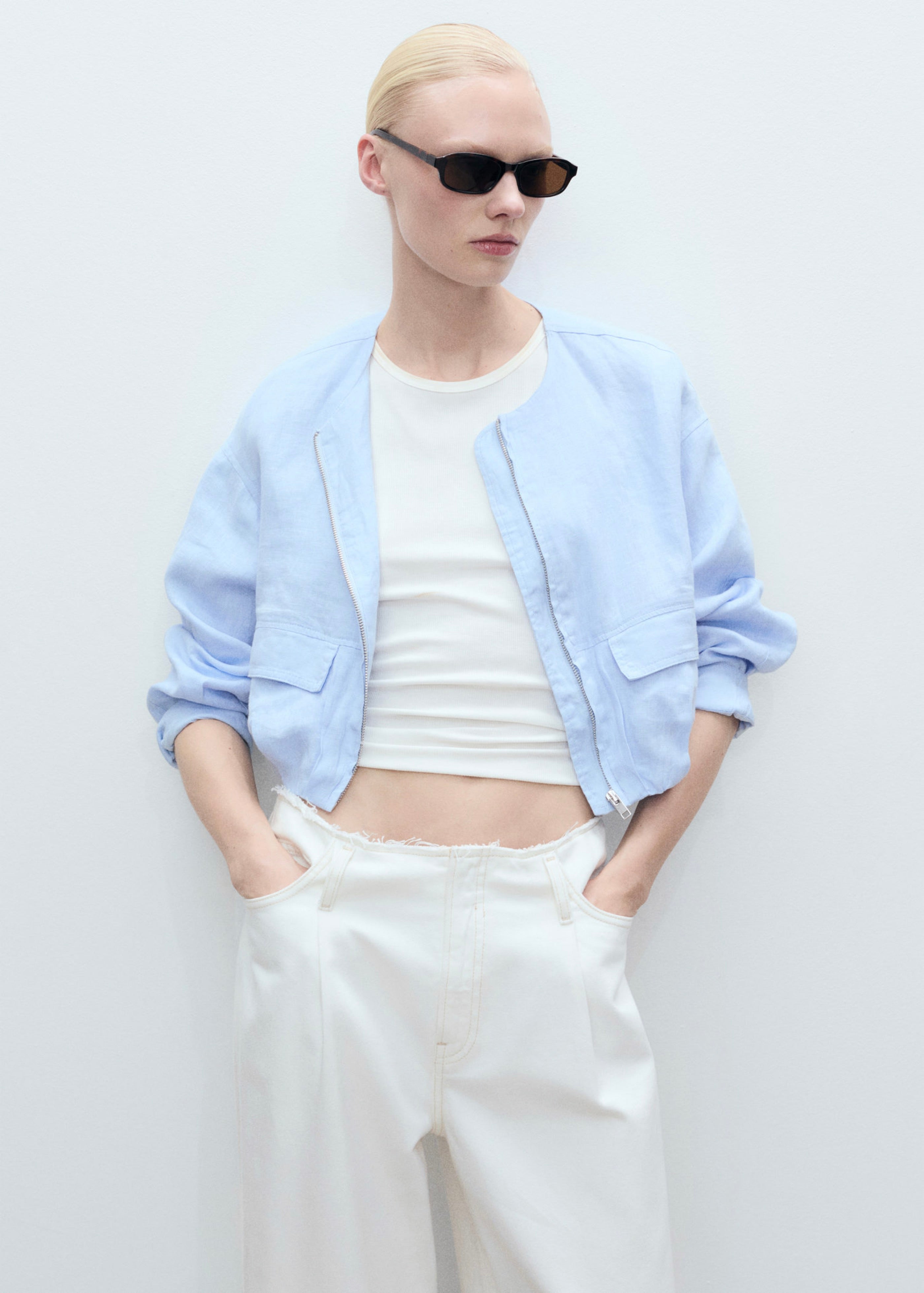 Short Linen Jacket with Pockets - Sky Blue