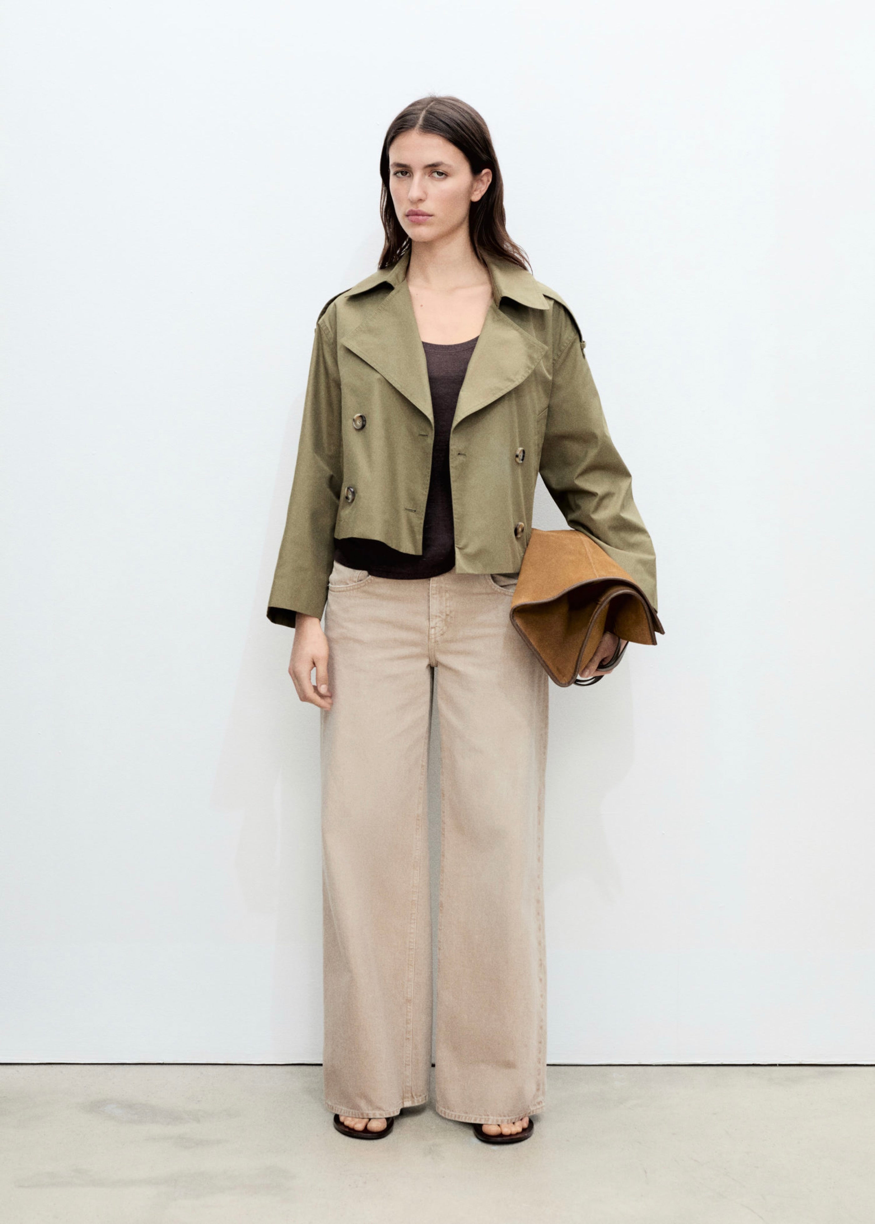 Double-Breasted Cropped Trench Coat - Khaki