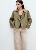 Double-Breasted Cropped Trench Coat - Khaki