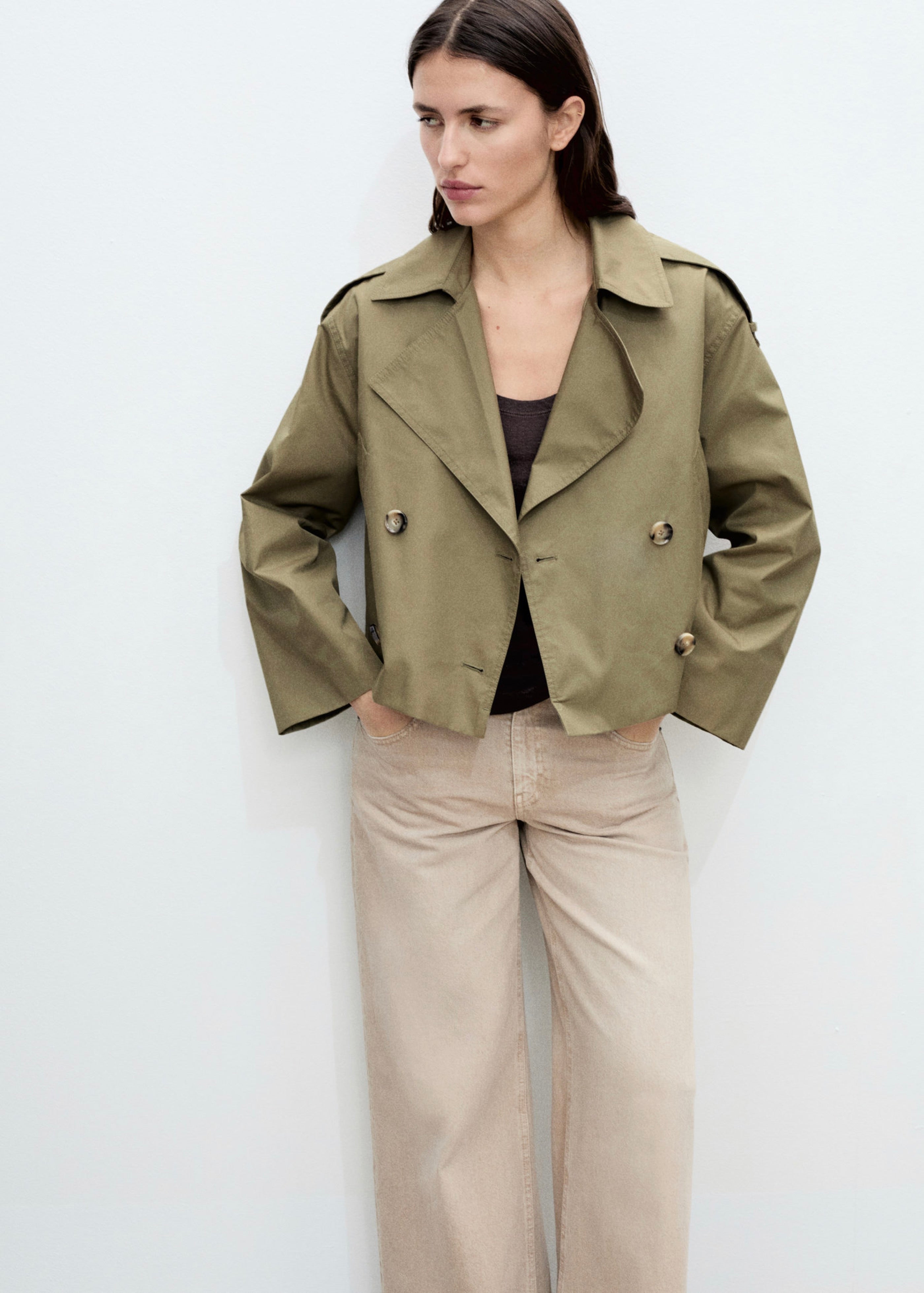Double-Breasted Cropped Trench Coat - Khaki