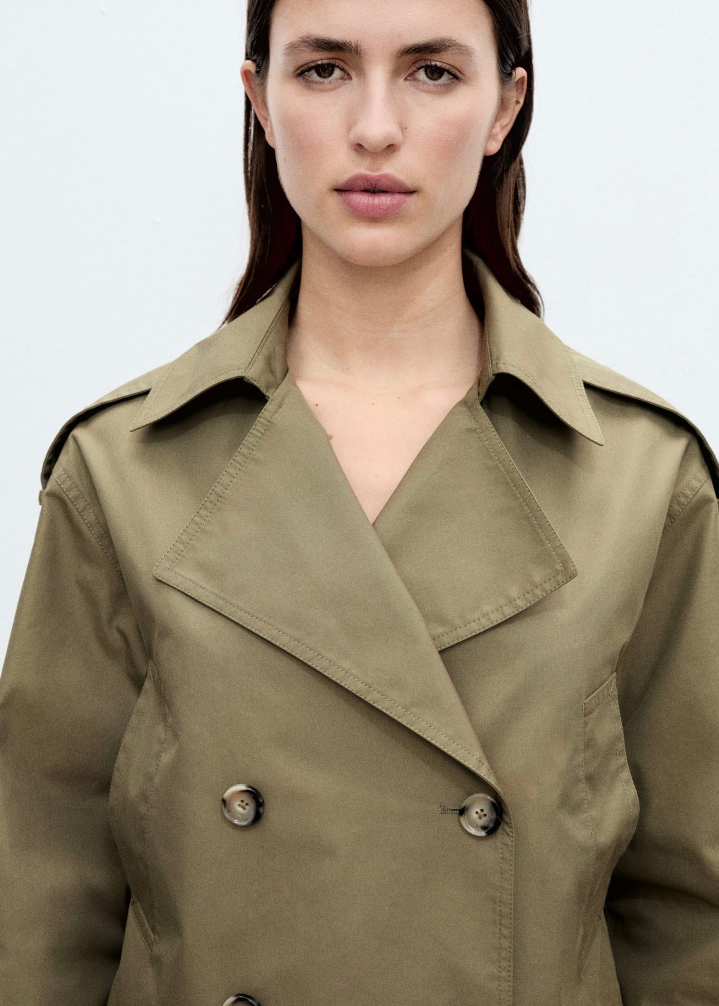Double-Breasted Cropped Trench Coat - Khaki
