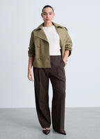 Double-Breasted Cropped Trench Coat - Khaki