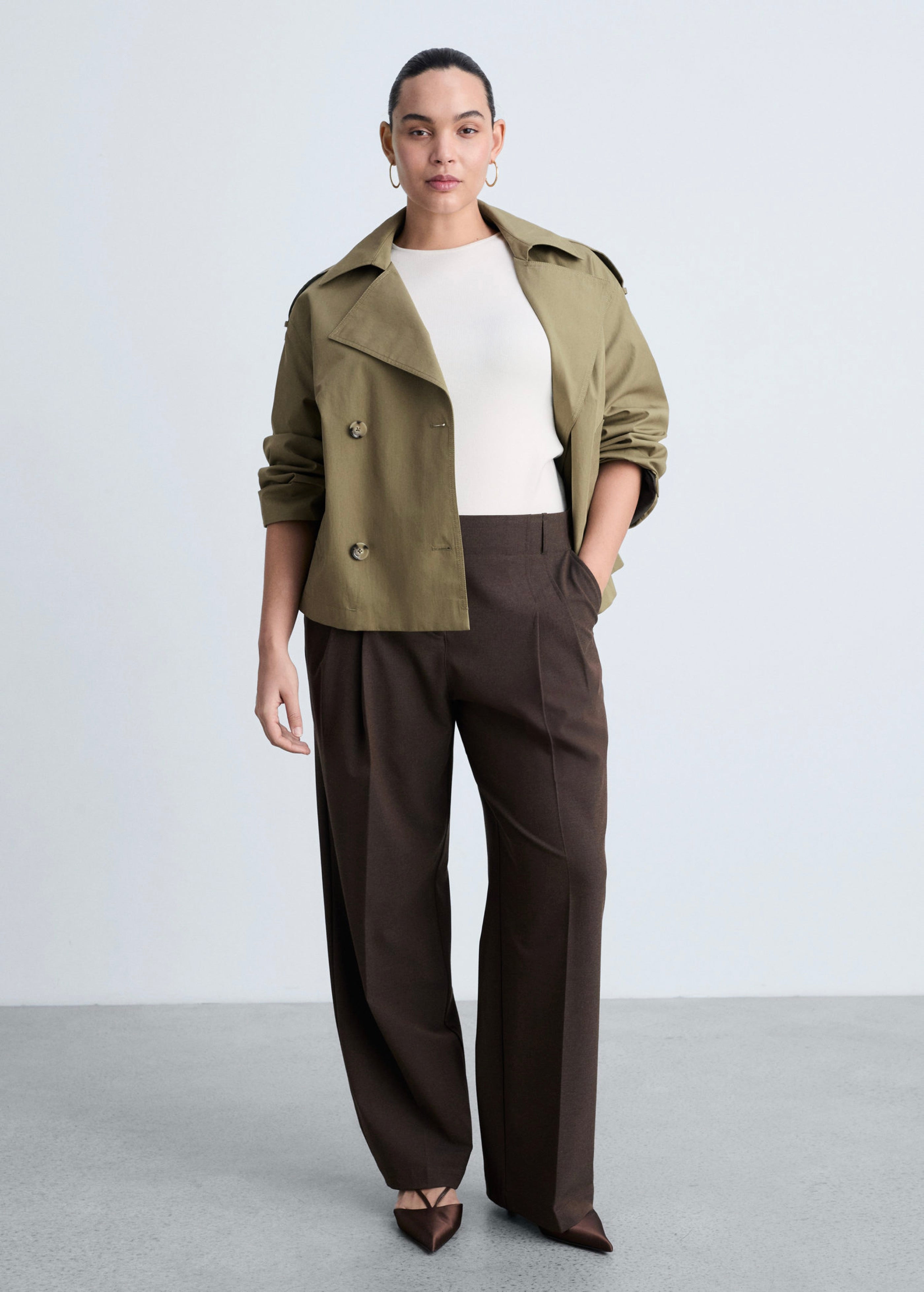 Double-Breasted Cropped Trench Coat - Khaki