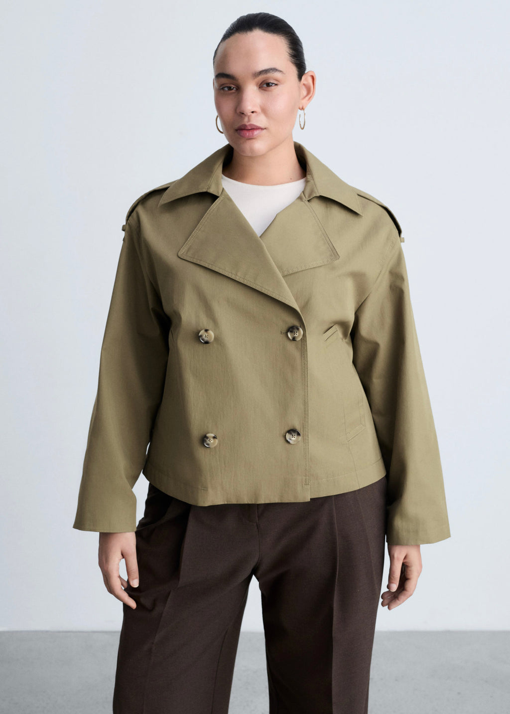 Double-Breasted Cropped Trench Coat - Khaki
