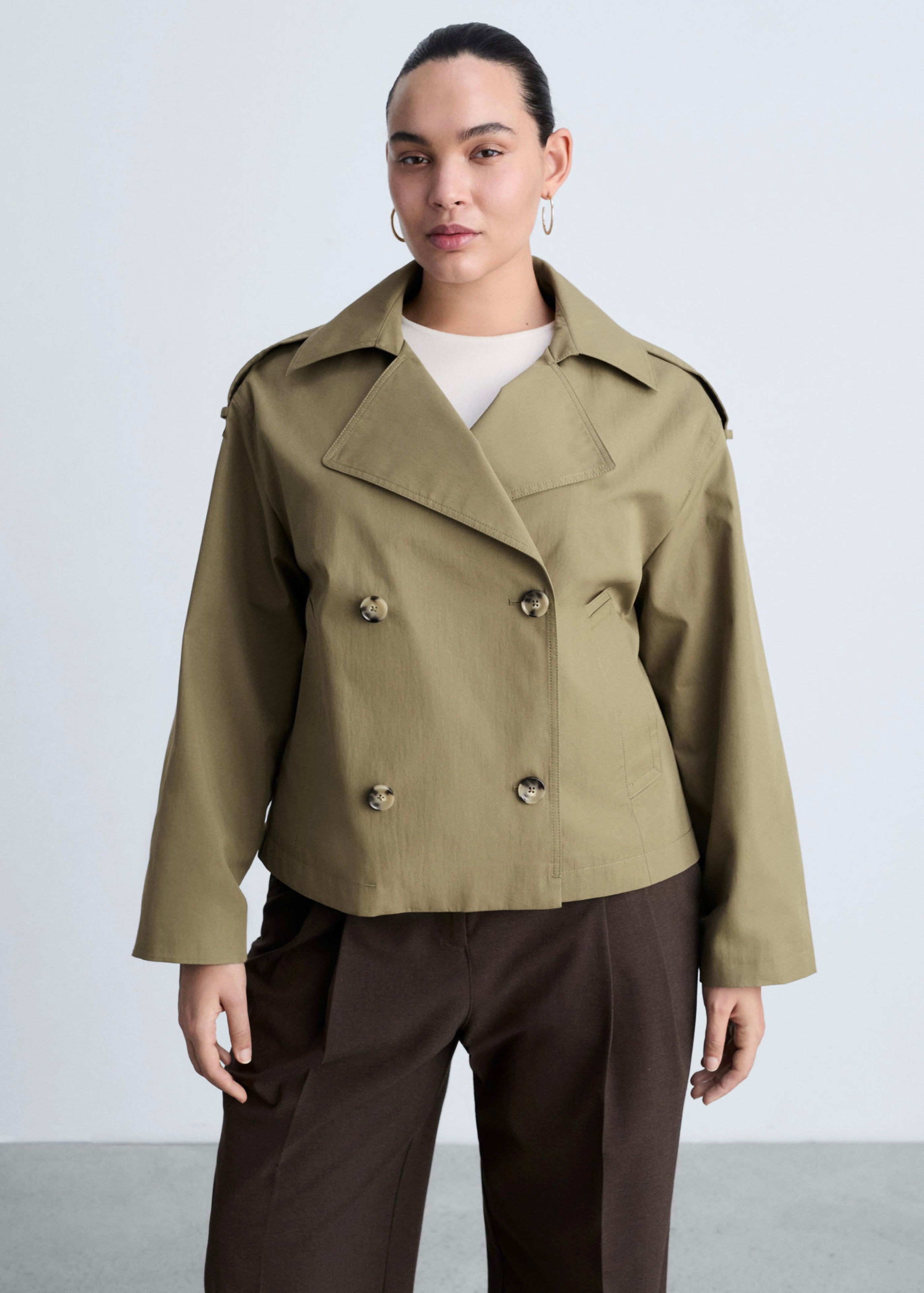 Double-Breasted Cropped Trench Coat - Khaki