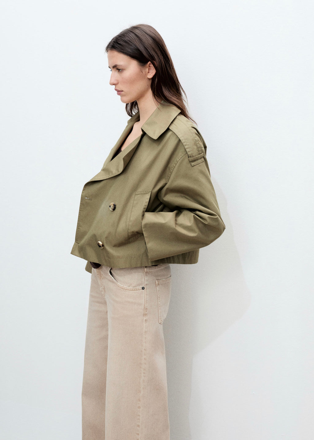 Double-Breasted Cropped Trench Coat - Khaki