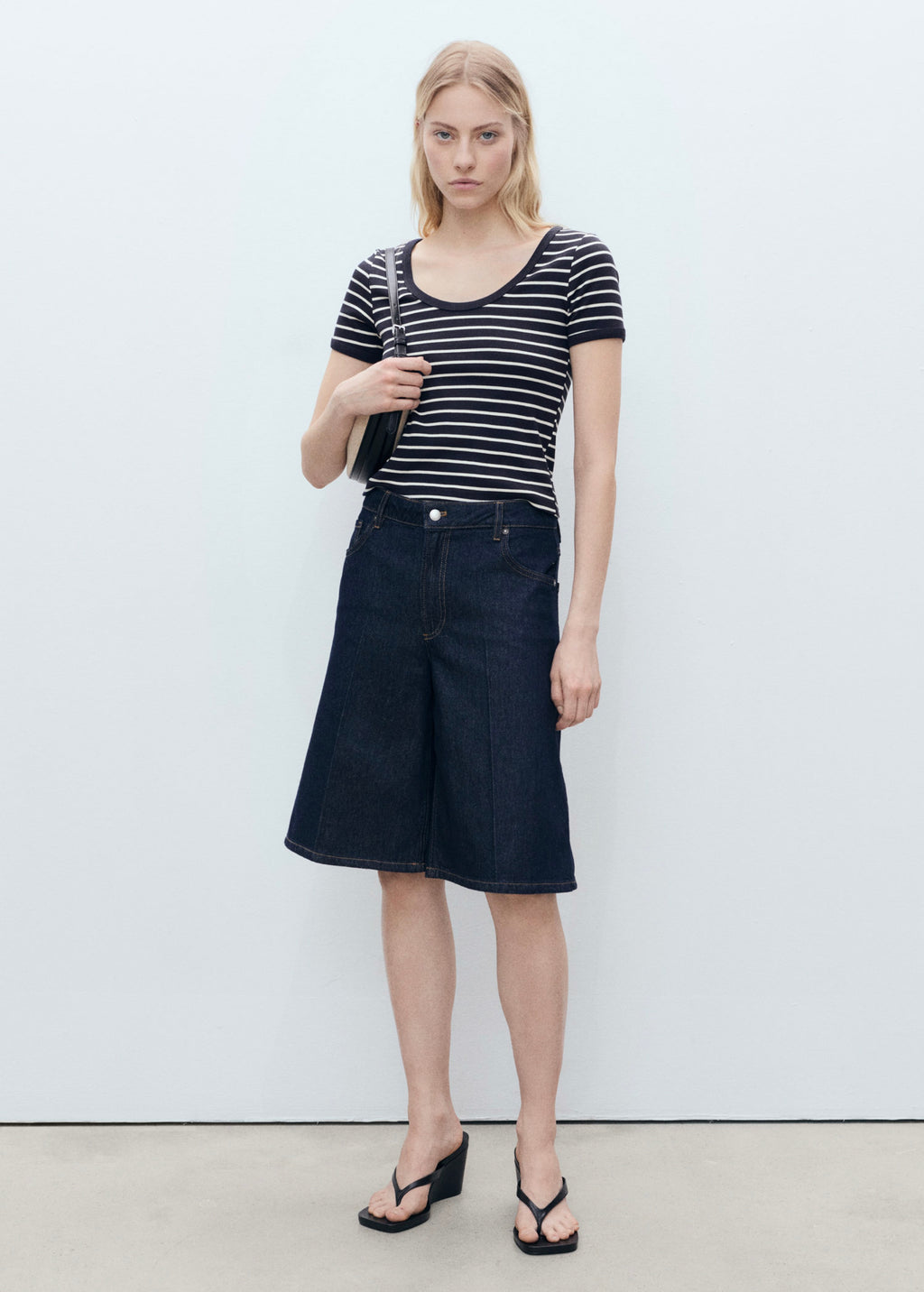 Striped Cotton T-Shirt with Plunging Neckline - Dark Navy