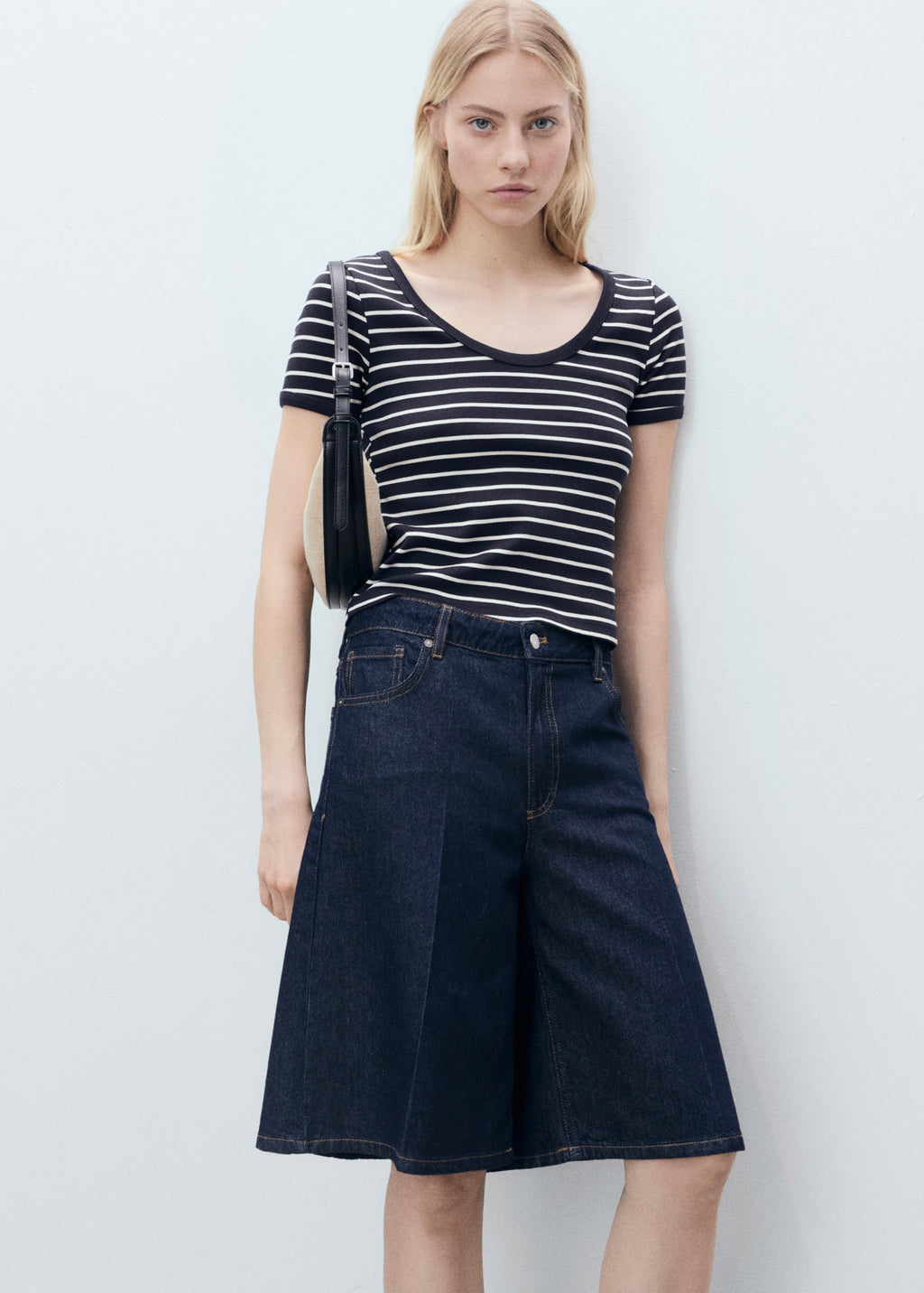 Striped Cotton T-Shirt with Plunging Neckline - Dark Navy