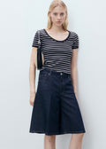 Striped Cotton T-Shirt with Plunging Neckline - Dark Navy