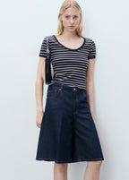 Striped Cotton T-Shirt with Plunging Neckline - Dark Navy